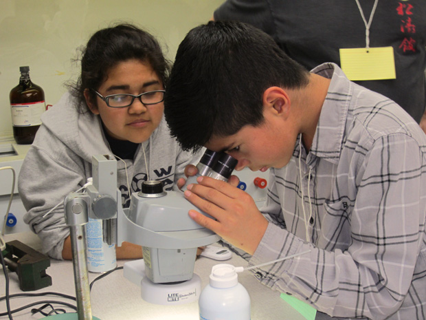 Students with microscope